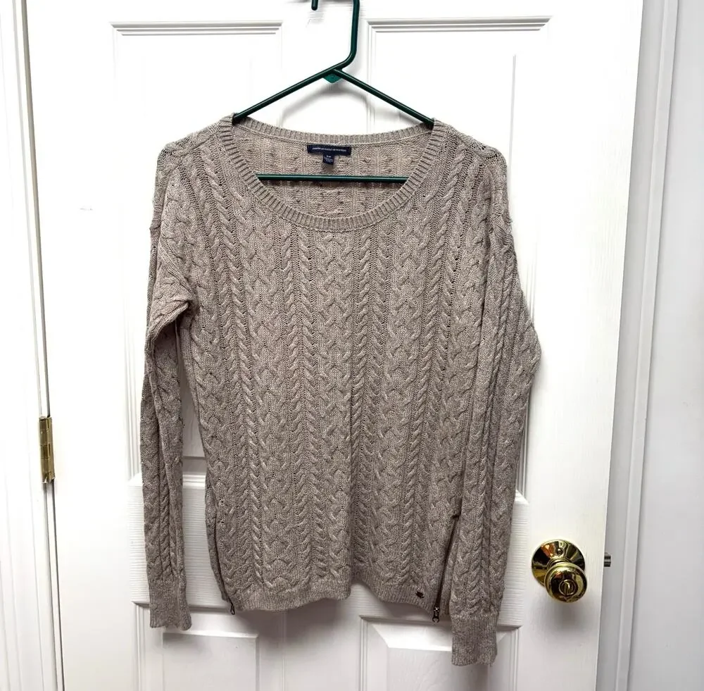 American Eagle Sweater, Crew Cable Knit, Light Brown Cotton Wool, Women's Size S